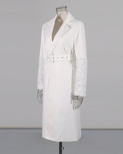 White Longline Coat with Embroidered Sleeves & Belt