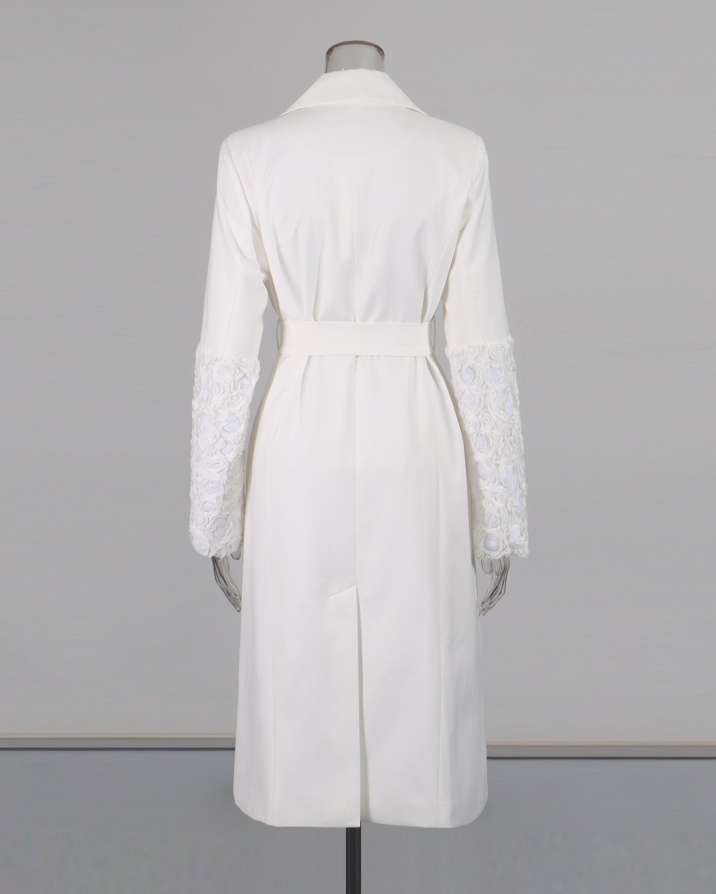White Longline Coat with Embroidered Sleeves & Belt