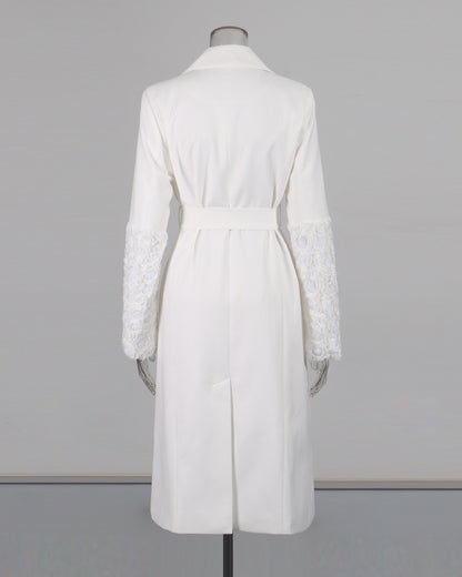 White Longline Coat with Embroidered Sleeves & Belt