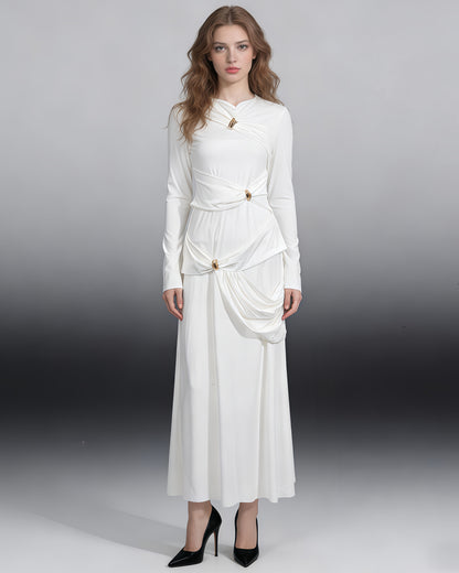 White Maxi Dress with Twist & Gold Accents
