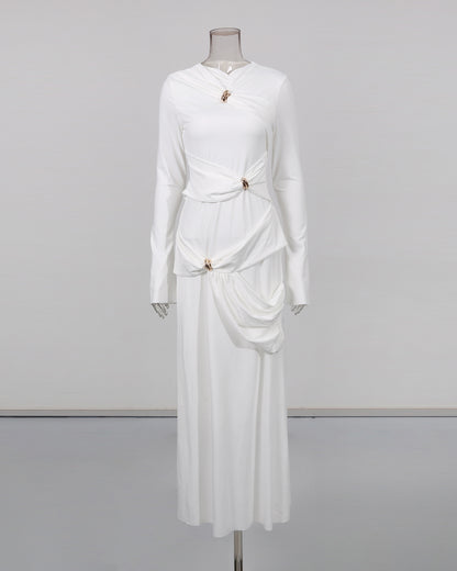 White Maxi Dress with Twist & Gold Accents