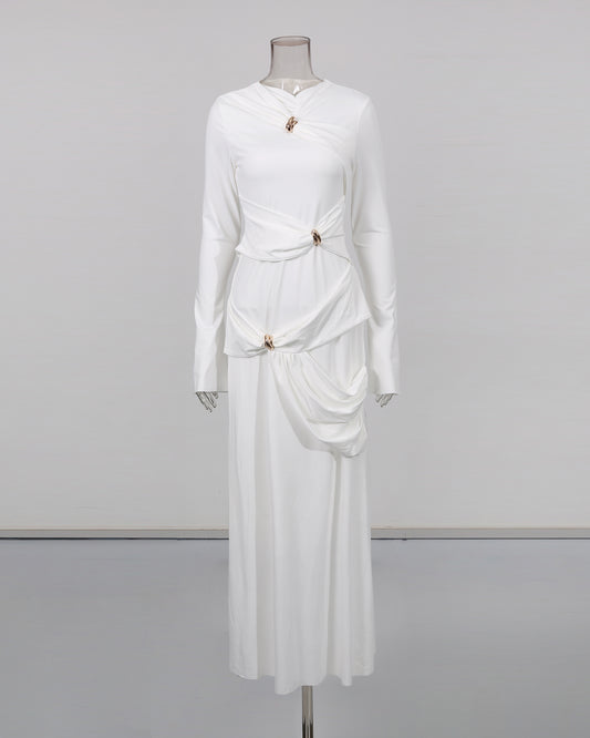 White Maxi Dress with Twist & Gold Accents