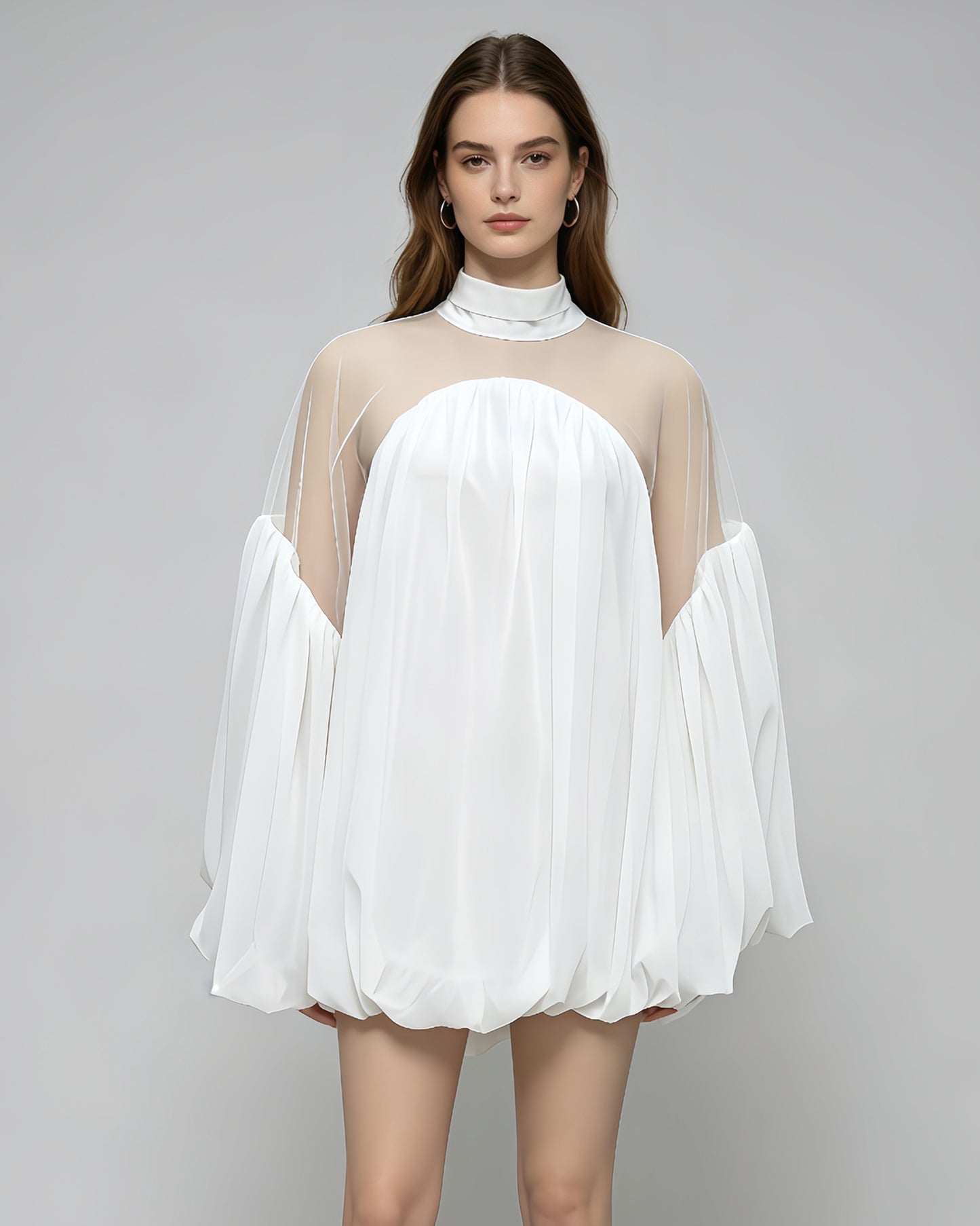 White Mesh Insert Puff Sleeve Babydoll Top