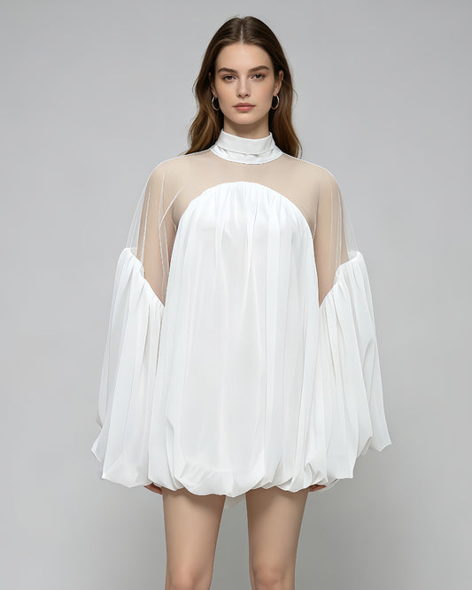 White Mesh Insert Puff Sleeve Babydoll Top
