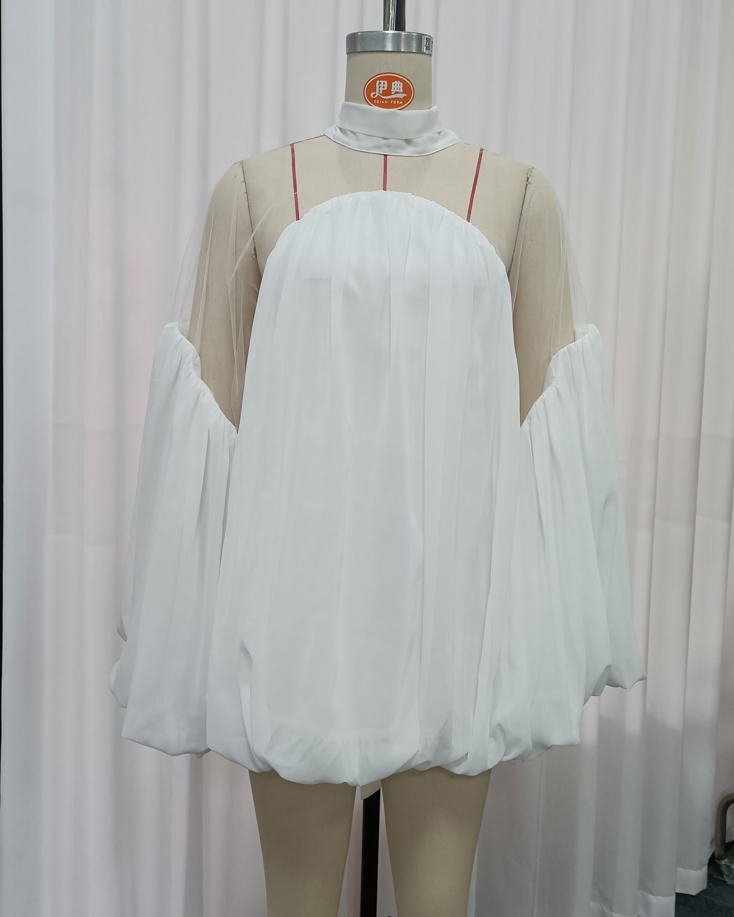 White Mesh Insert Puff Sleeve Babydoll Top