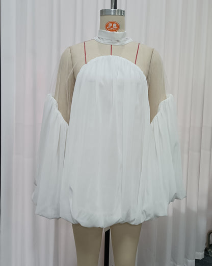 White Mesh Insert Puff Sleeve Babydoll Top
