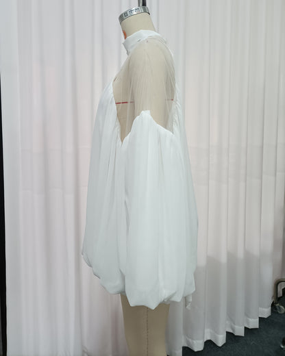 White Mesh Insert Puff Sleeve Babydoll Top