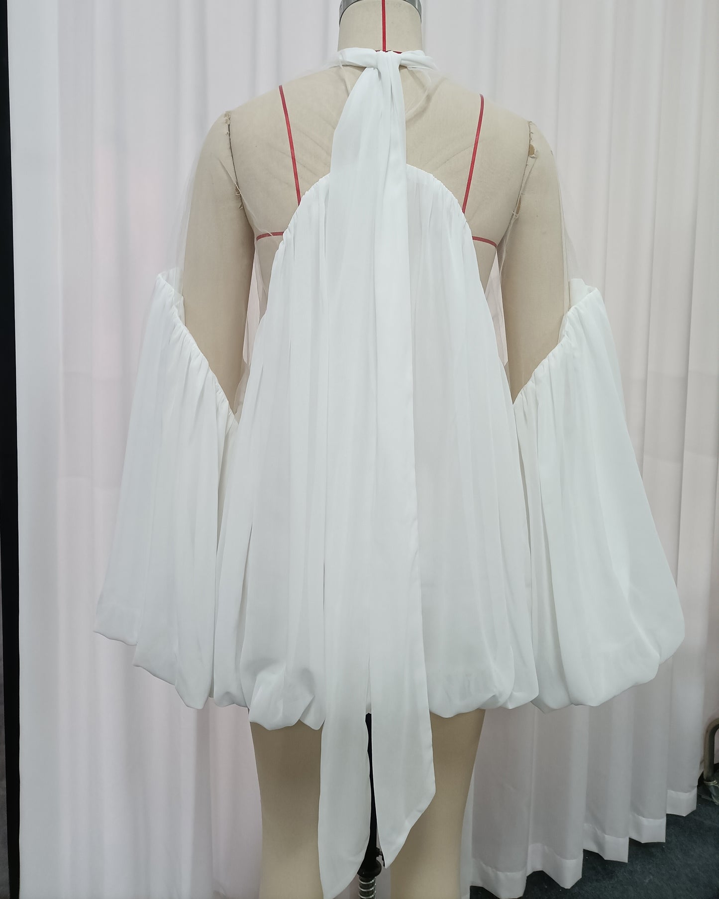 White Mesh Insert Puff Sleeve Babydoll Top