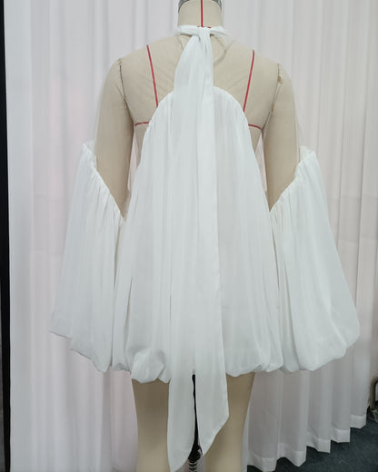 White Mesh Insert Puff Sleeve Babydoll Top