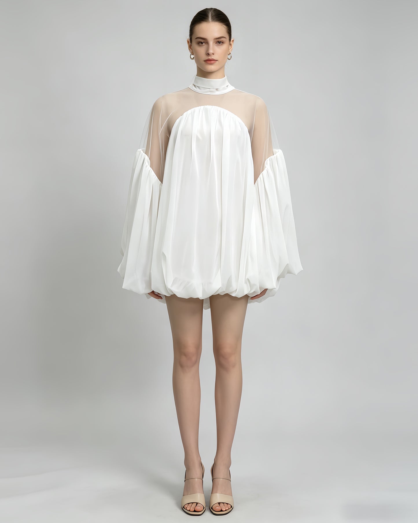 White Mesh Insert Puff Sleeve Babydoll Top