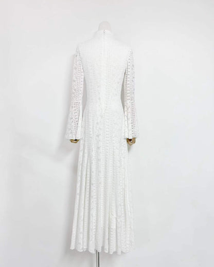 White Mock Neck Lace Bell Sleeve Maxi Dress