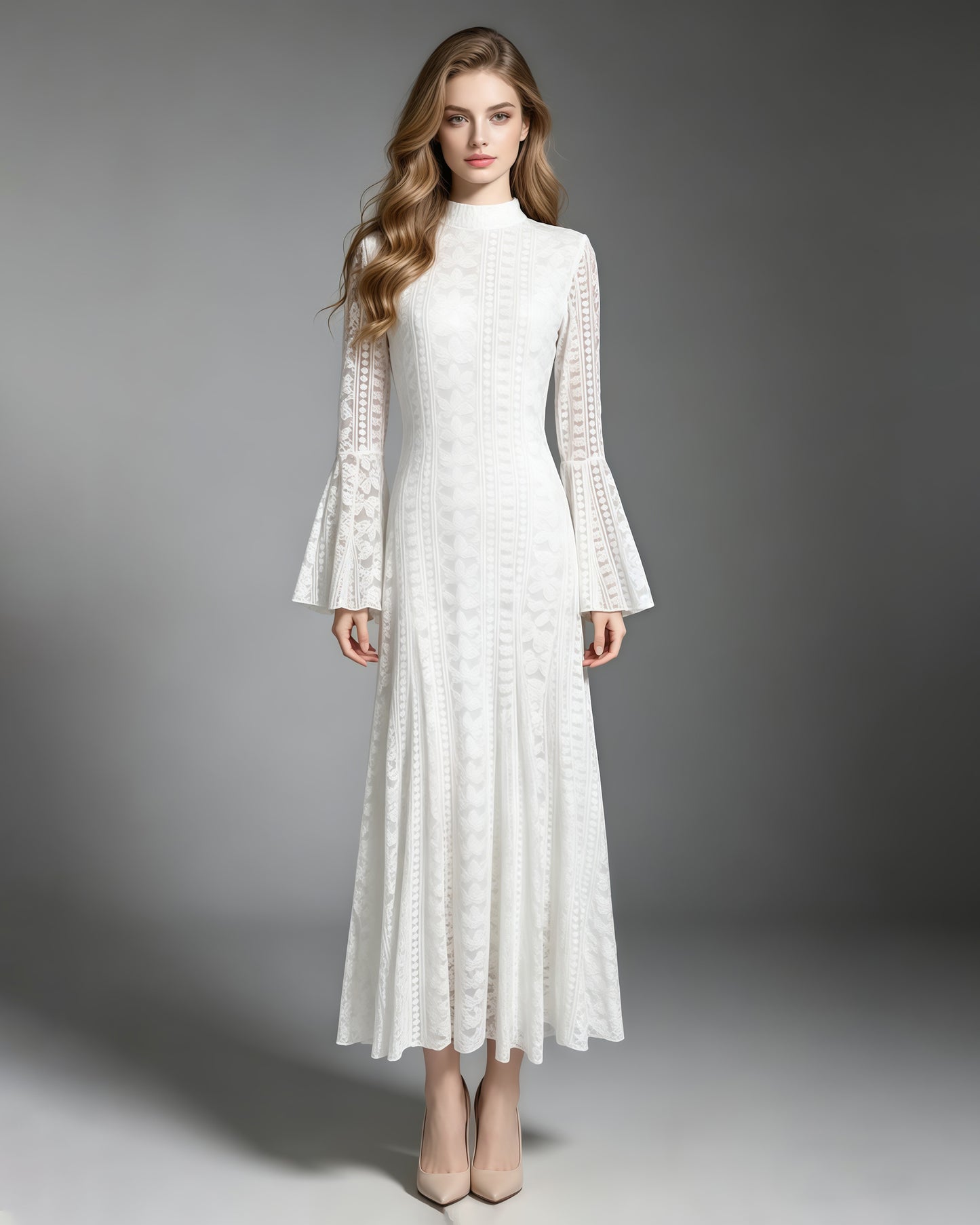 White Mock Neck Lace Bell Sleeve Maxi Dress