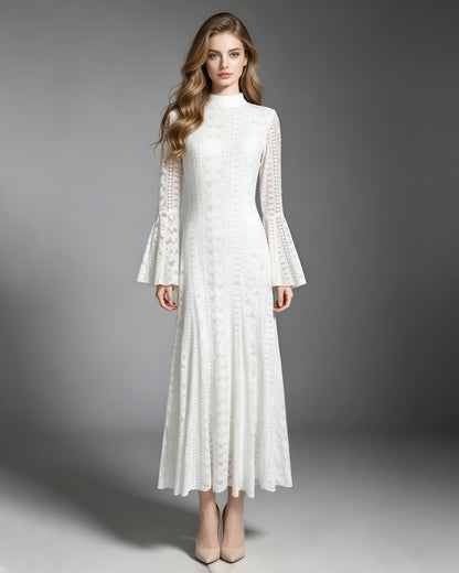White Mock Neck Lace Bell Sleeve Maxi Dress