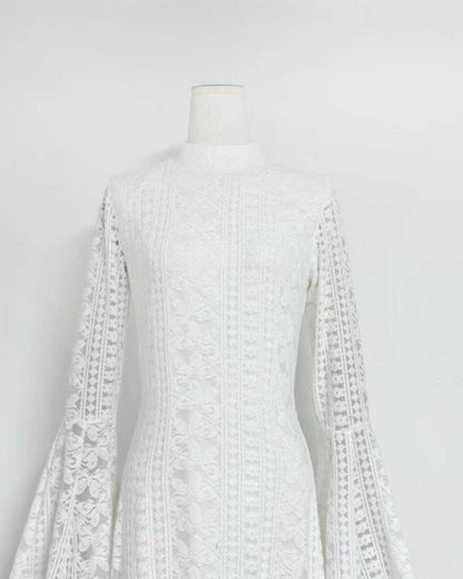White Mock Neck Lace Bell Sleeve Maxi Dress