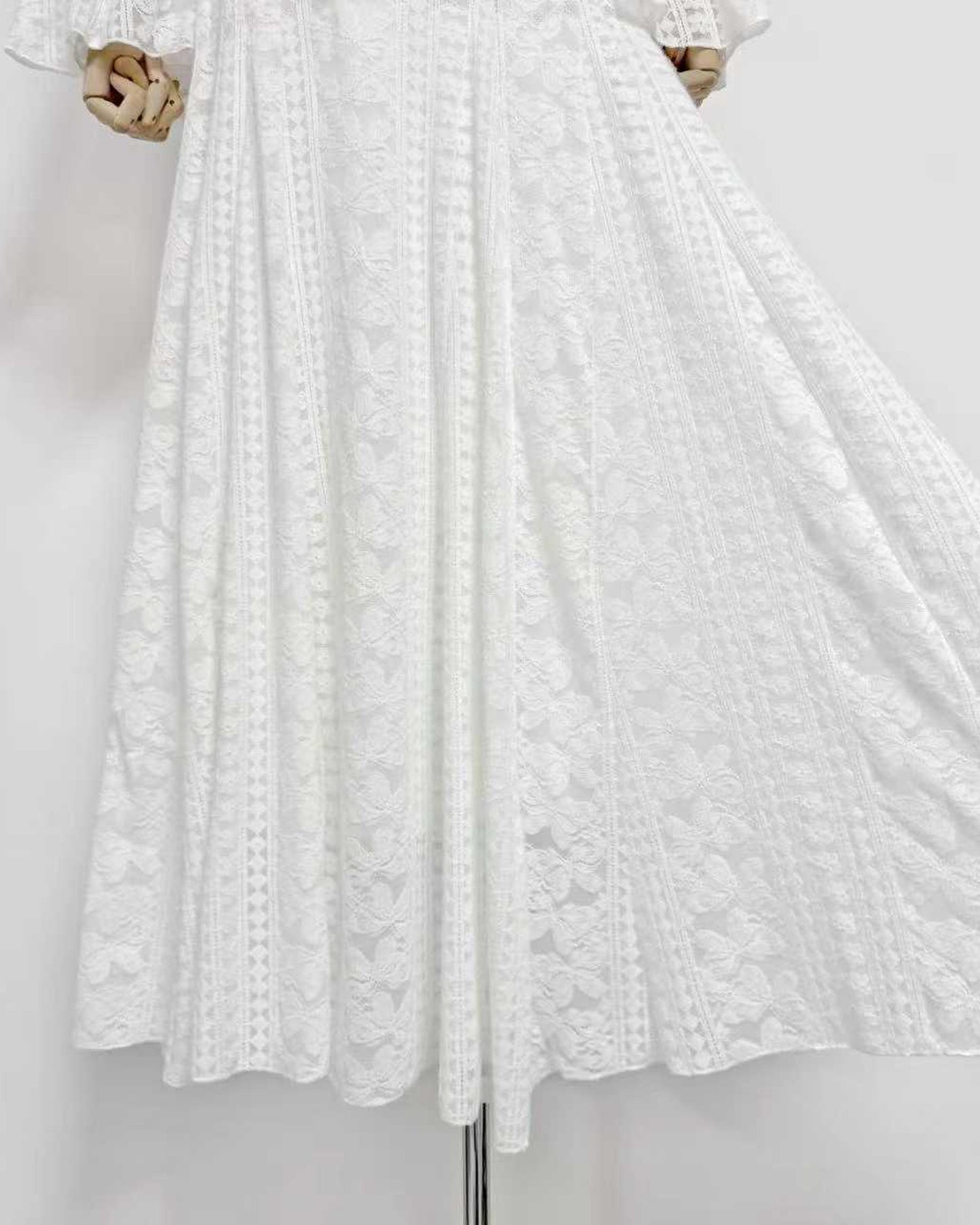 White Mock Neck Lace Bell Sleeve Maxi Dress