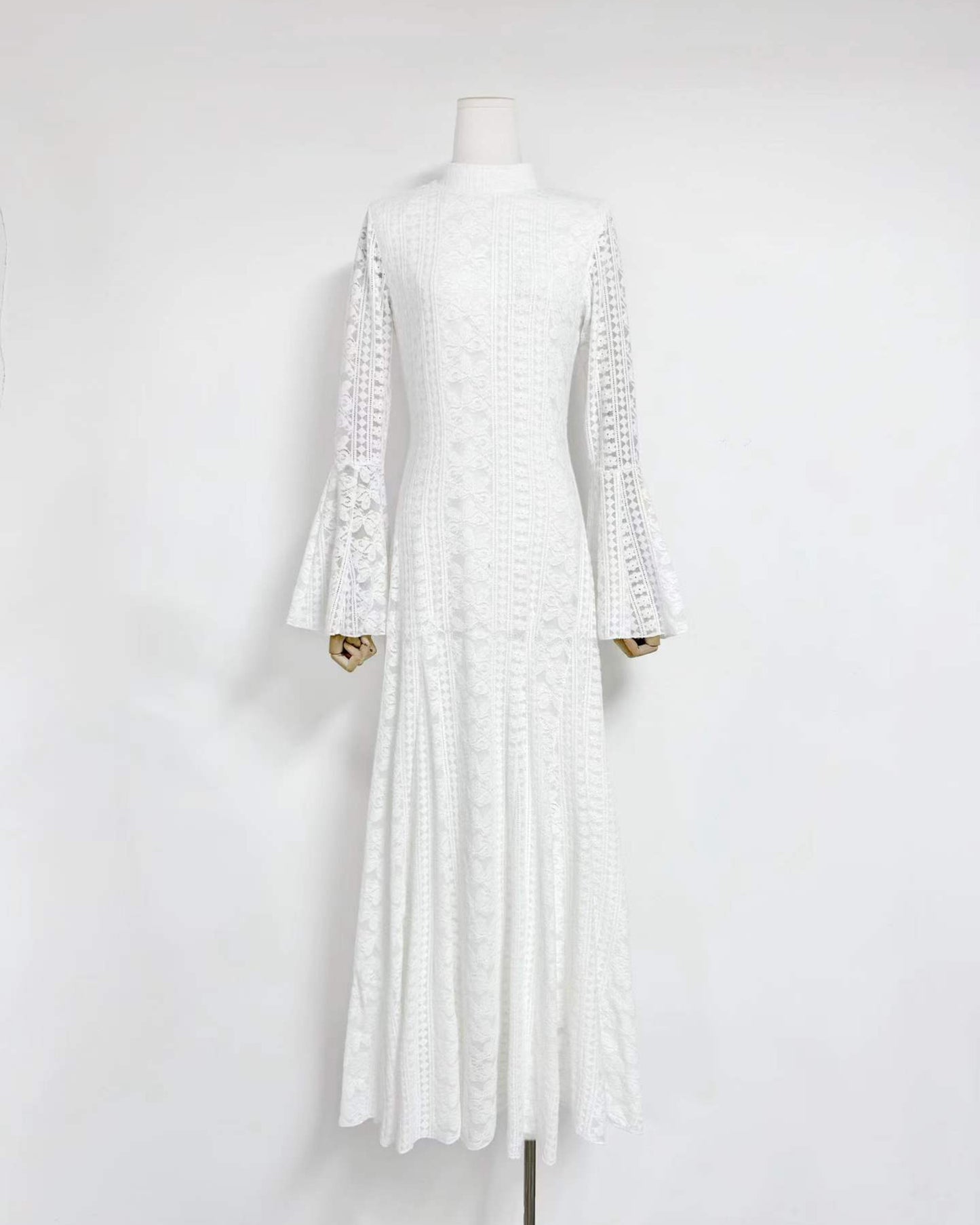 White Mock Neck Lace Bell Sleeve Maxi Dress