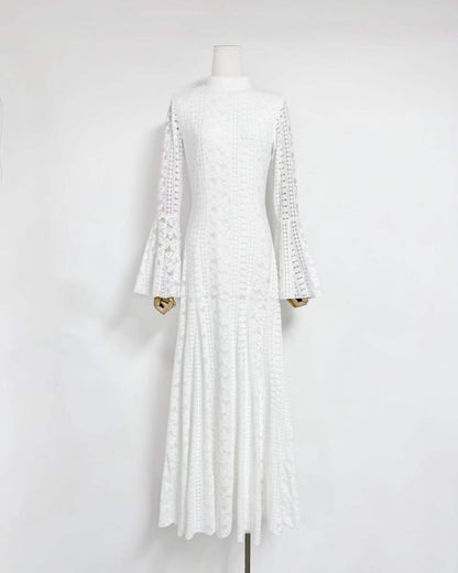 White Mock Neck Lace Bell Sleeve Maxi Dress