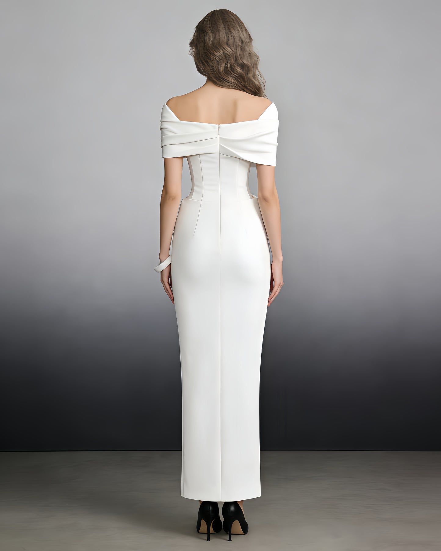 White Off-Shoulder Draped Column Maxi Dress