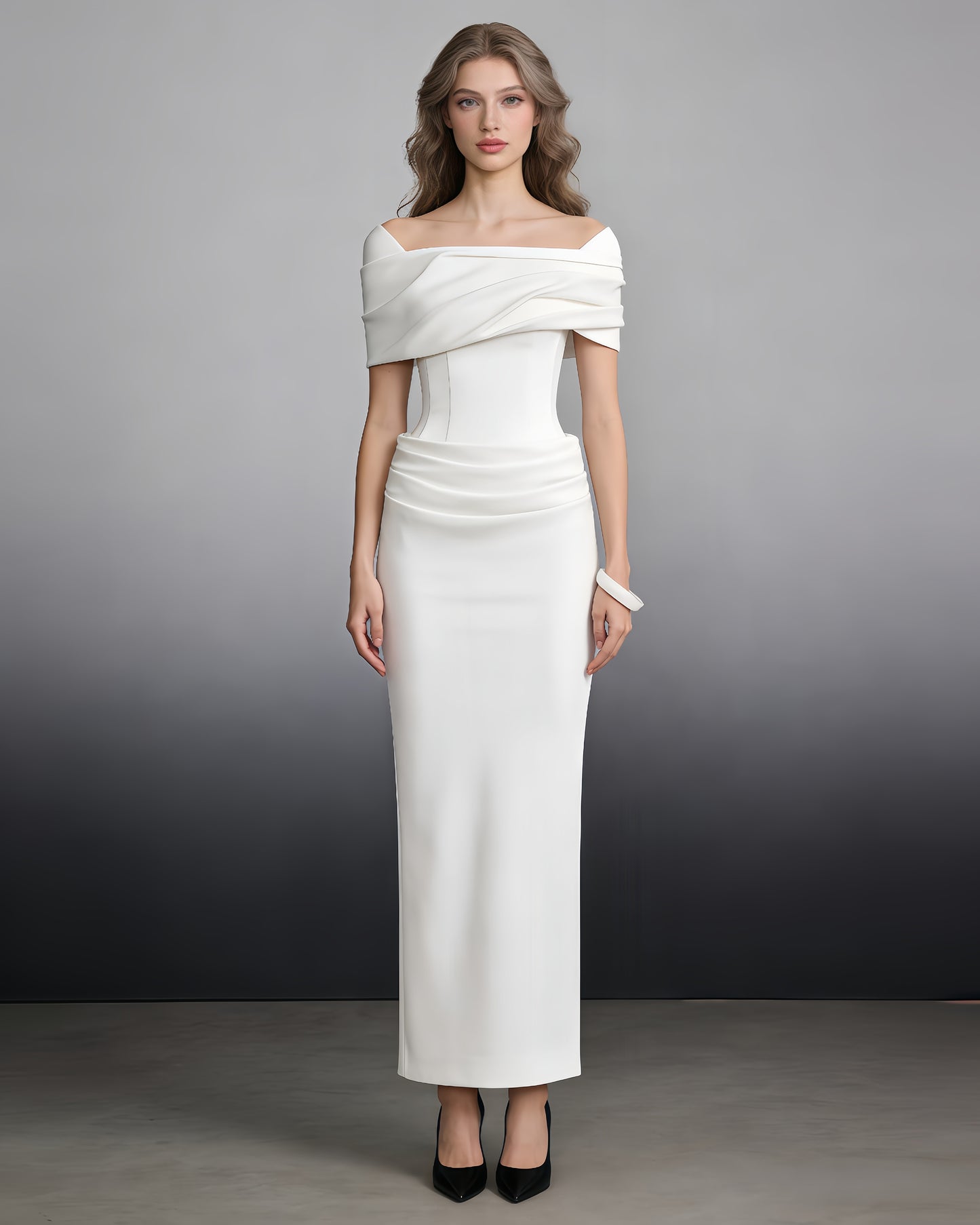 White Off-Shoulder Draped Column Maxi Dress