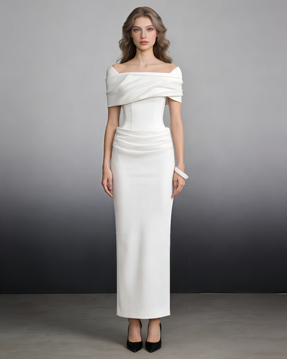 White Off-Shoulder Draped Column Maxi Dress