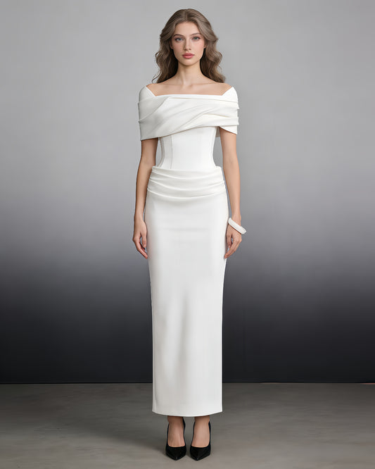 White Off-Shoulder Draped Column Maxi Dress