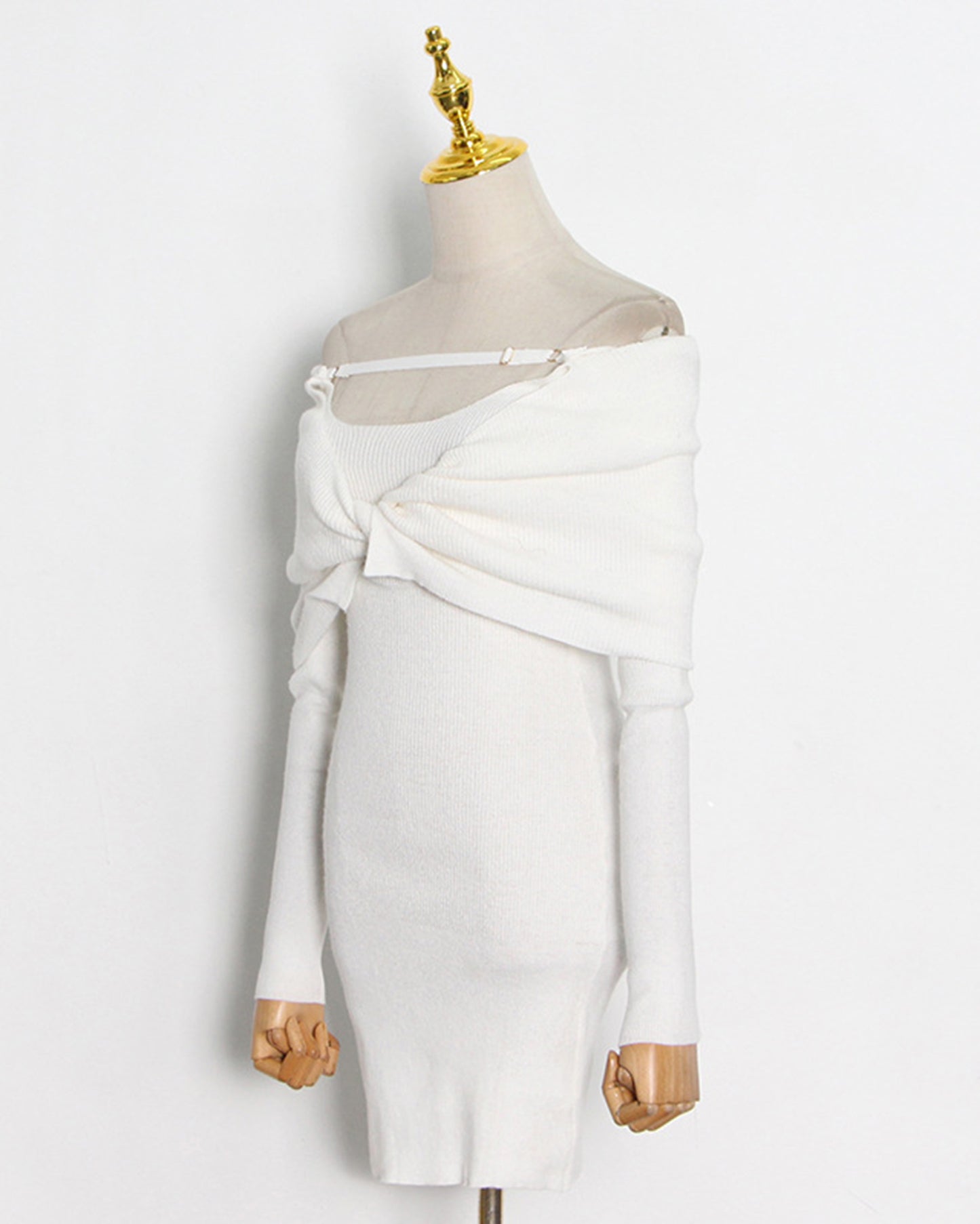 Beige Off-Shoulder Knit Bodycon Dress