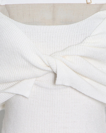 Beige Off-Shoulder Knit Bodycon Dress