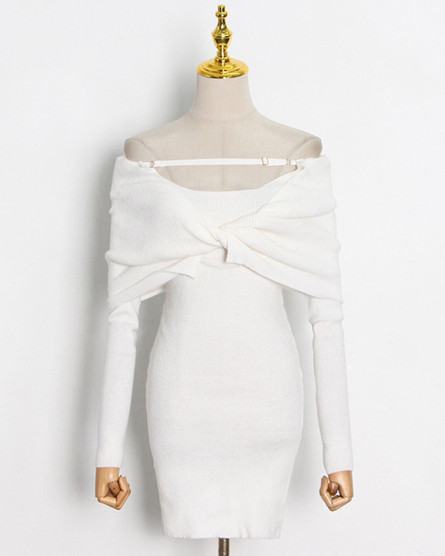 Beige Off-Shoulder Knit Bodycon Dress