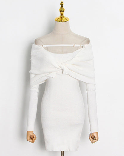 Beige Off-Shoulder Knit Bodycon Dress