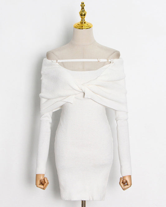 Beige Off-Shoulder Knit Bodycon Dress