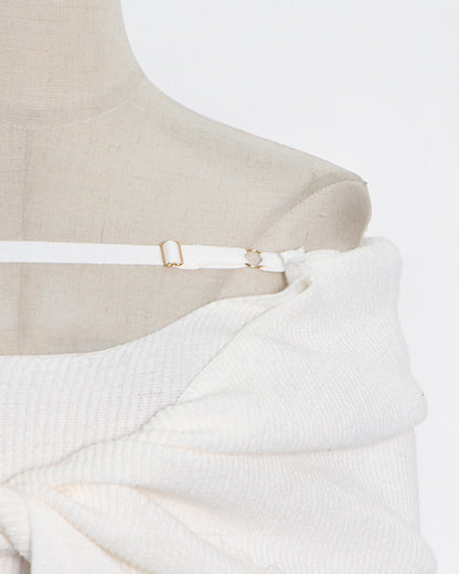 Beige Off-Shoulder Knit Bodycon Dress