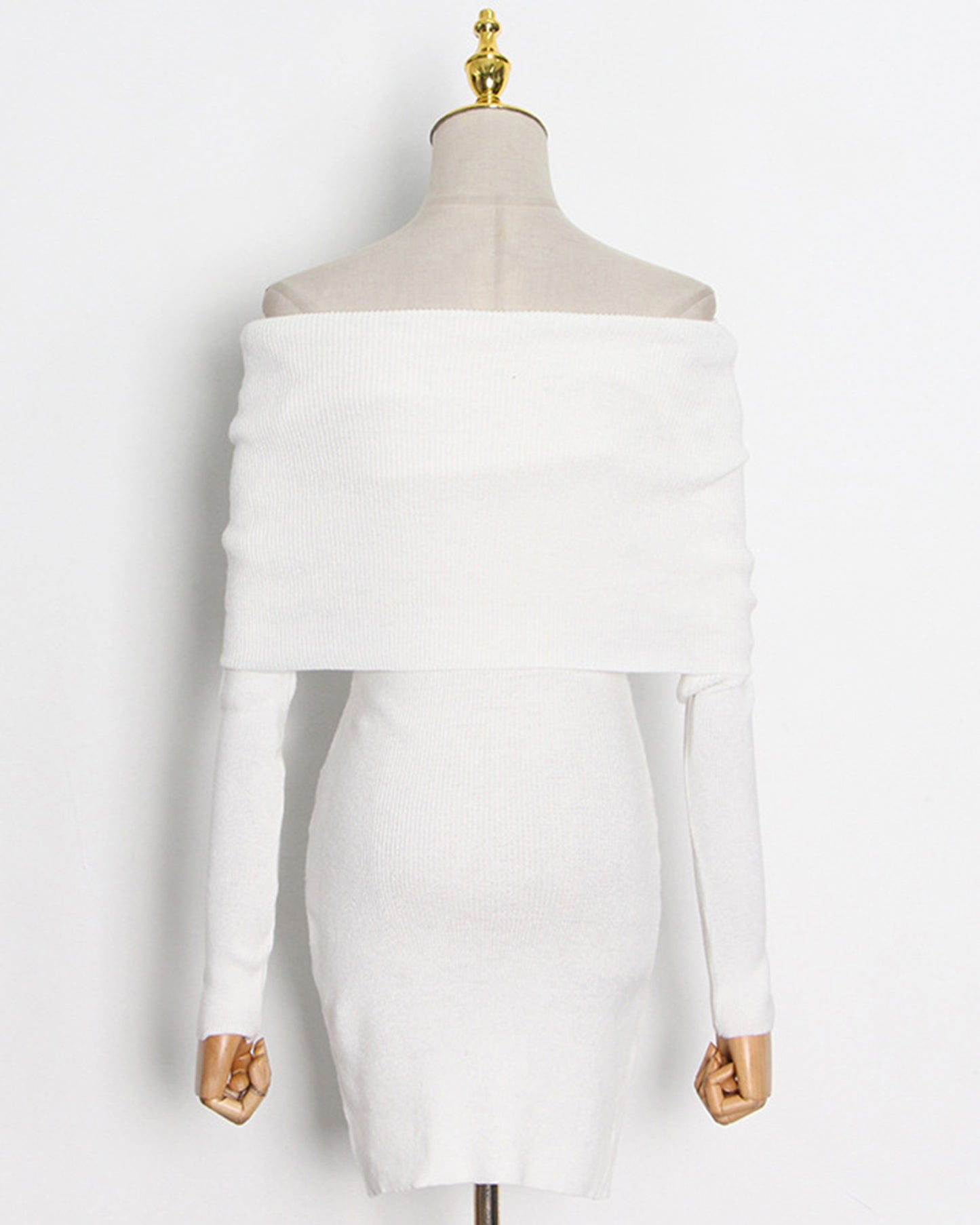 Beige Off-Shoulder Knit Bodycon Dress