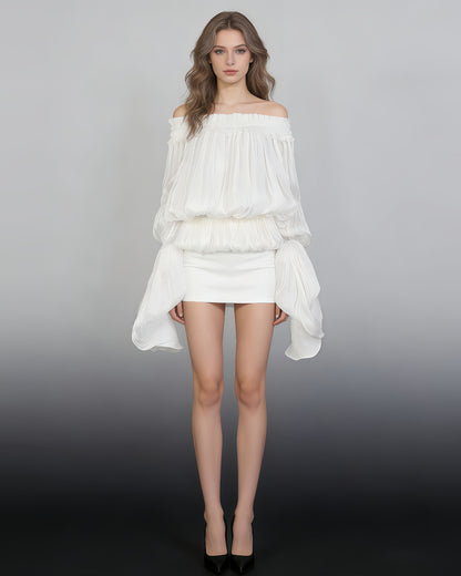White Off-Shoulder Ruched Puff Sleeve Mini Dress