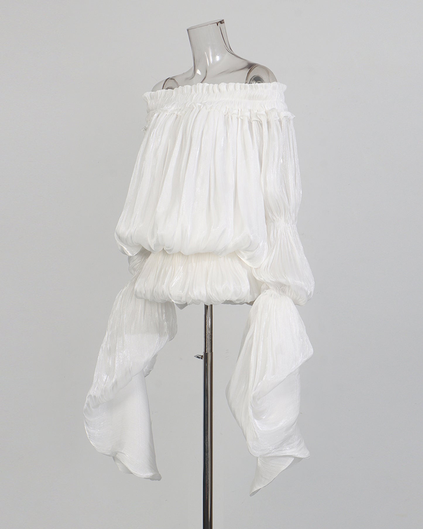 White Off-Shoulder Ruched Puff Sleeve Mini Dress