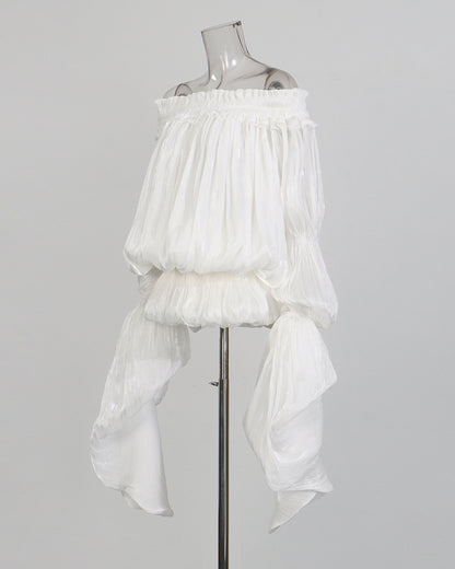 White Off-Shoulder Ruched Puff Sleeve Mini Dress