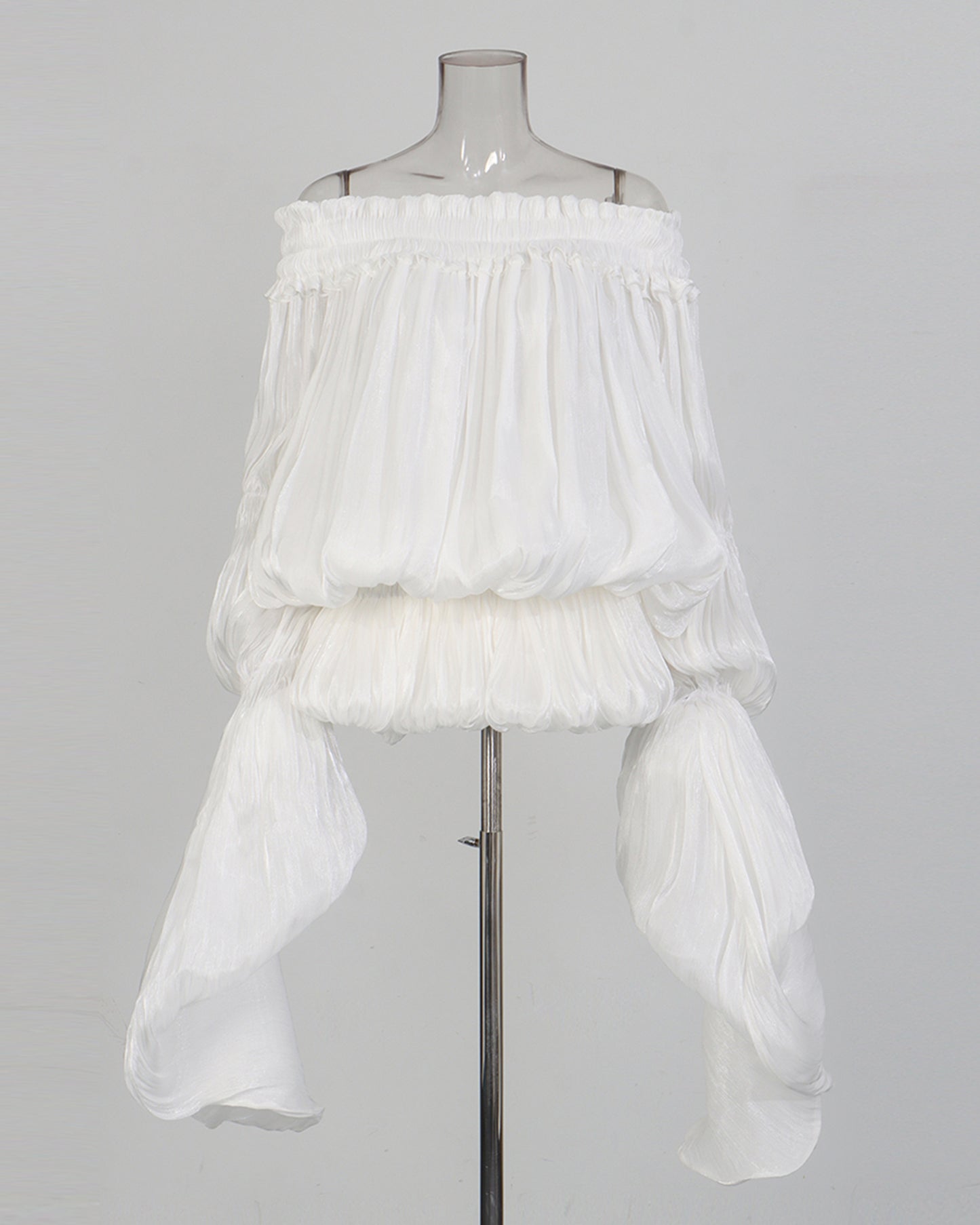 White Off-Shoulder Ruched Puff Sleeve Mini Dress