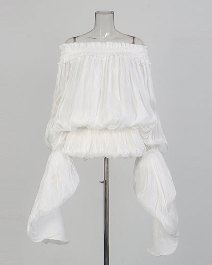 White Off-Shoulder Ruched Puff Sleeve Mini Dress