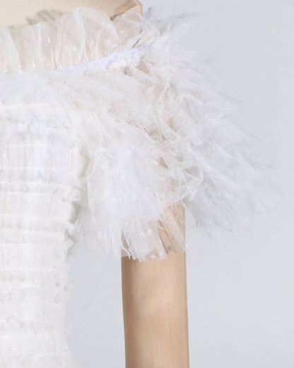 White Off-Shoulder Ruffled Tulle Maxi Dress