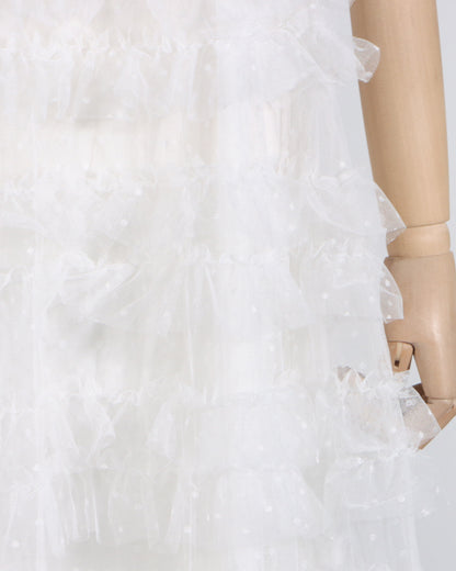 White Off-Shoulder Ruffled Tulle Maxi Dress