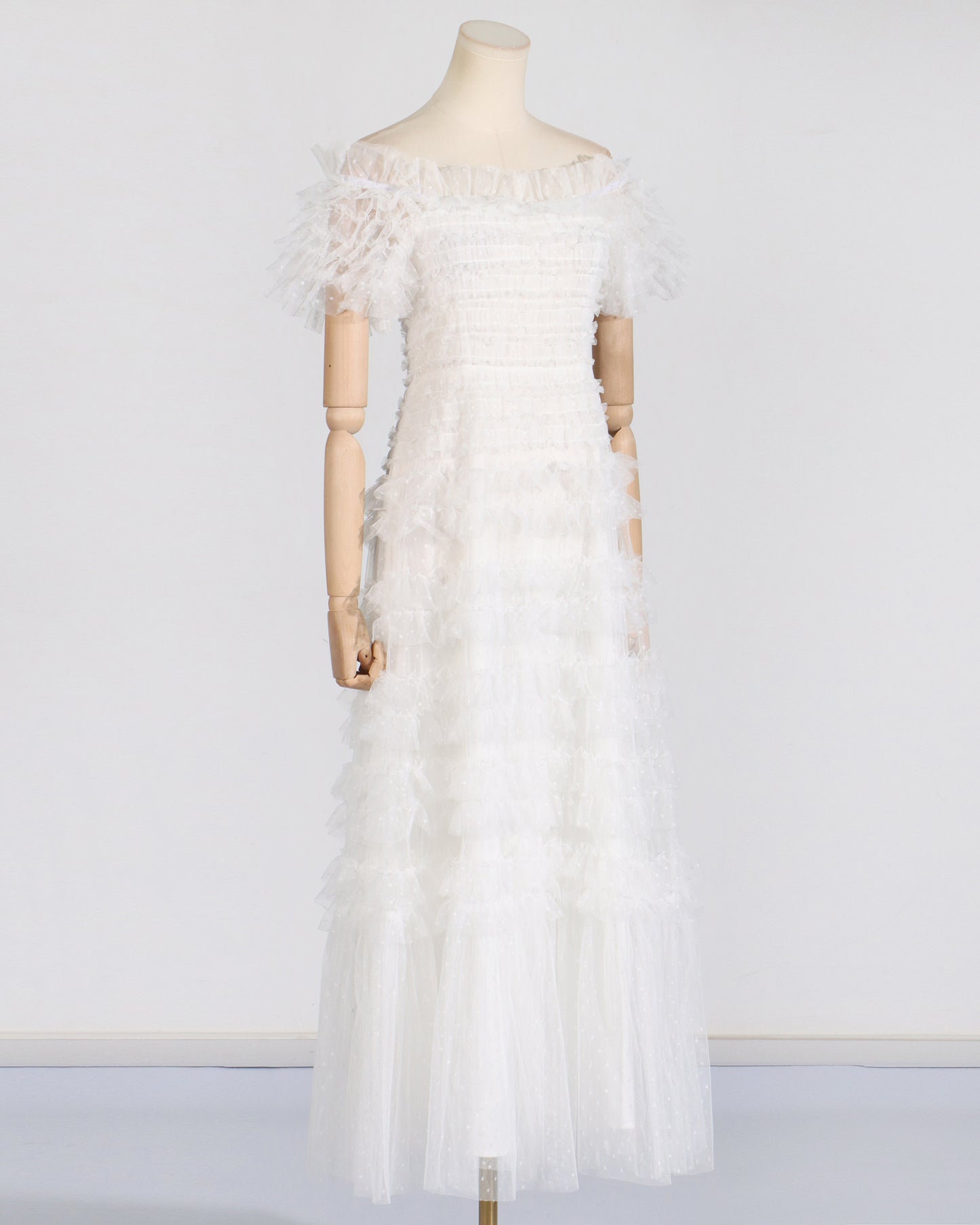 White Off-Shoulder Ruffled Tulle Maxi Dress