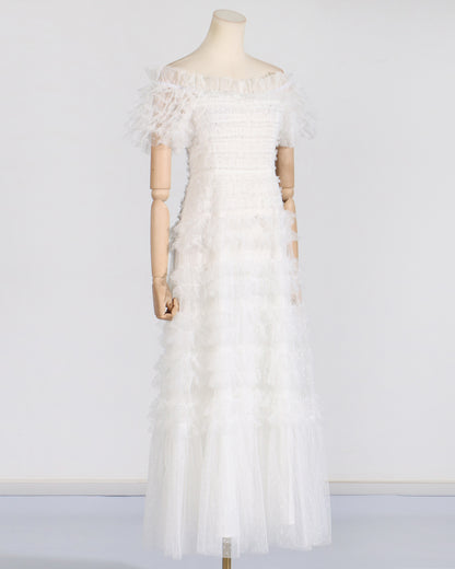 White Off-Shoulder Ruffled Tulle Maxi Dress