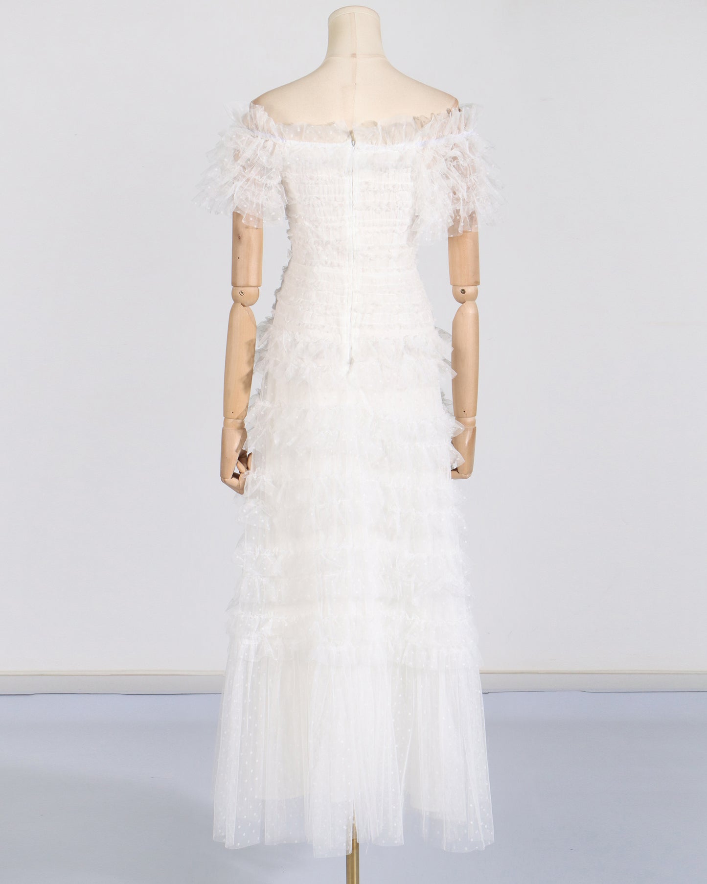 White Off-Shoulder Ruffled Tulle Maxi Dress