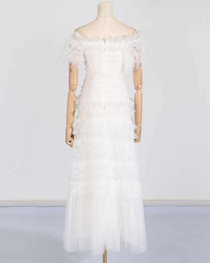 White Off-Shoulder Ruffled Tulle Maxi Dress