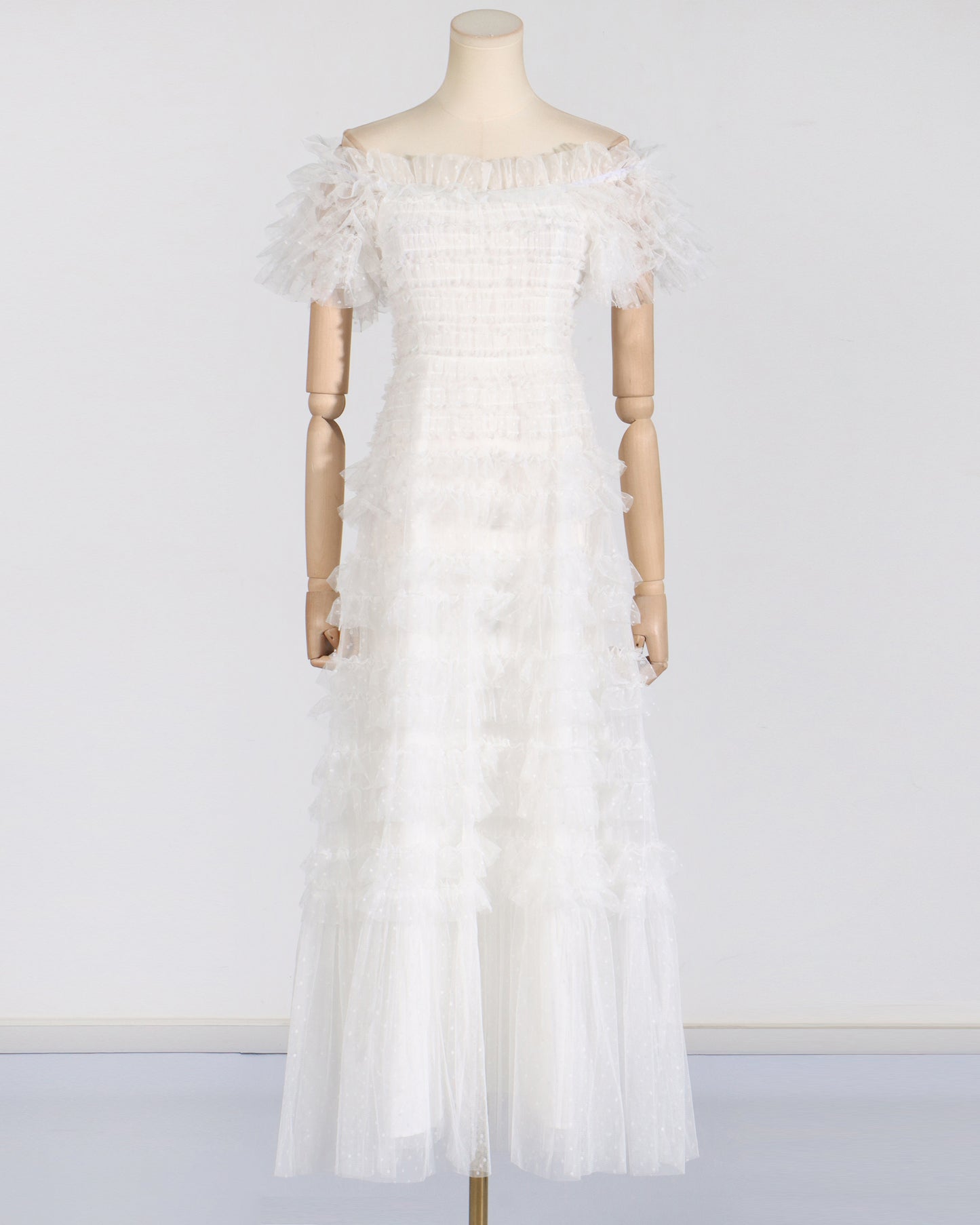 White Off-Shoulder Ruffled Tulle Maxi Dress