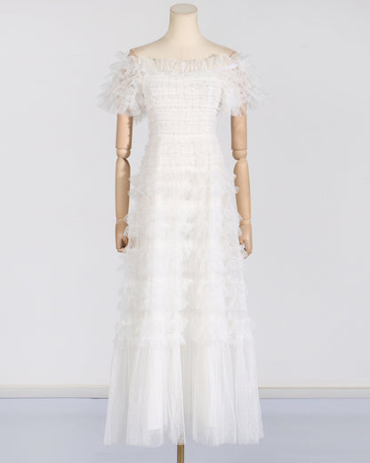 White Off-Shoulder Ruffled Tulle Maxi Dress