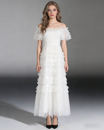 White Off-Shoulder Ruffled Tulle Maxi Dress