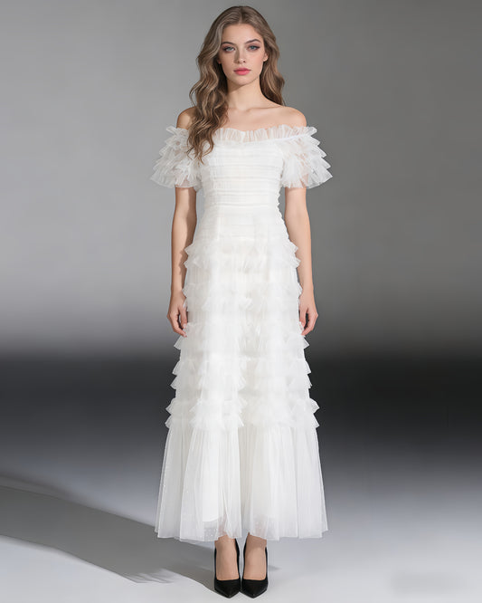 White Off-Shoulder Ruffled Tulle Maxi Dress