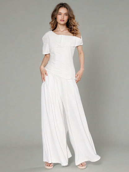 White Off-Shoulder Top & Wide-Leg Pants Set