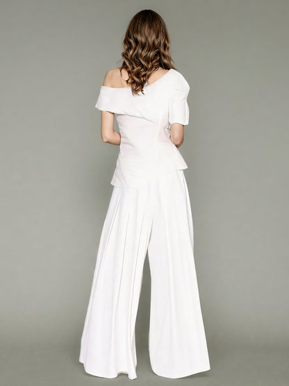 White Off-Shoulder Top & Wide-Leg Pants Set
