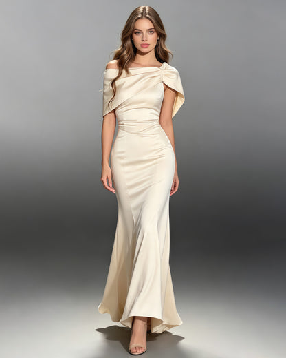 White Off-the-Shoulder Satin Mermaid Evening Gown